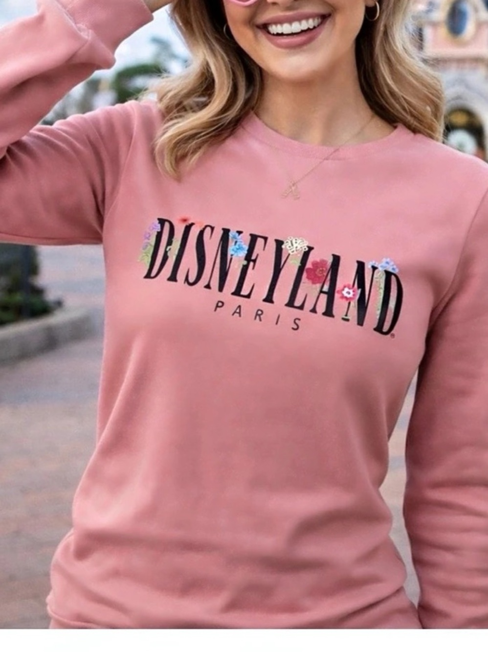 Disney Disneyland Paris Floral Logo Crewneck Sweatshirt Floral Logo Pink Graphic